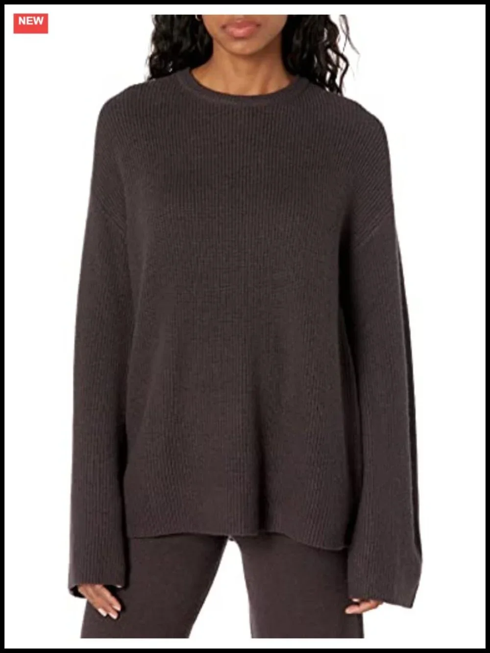 Ribbed Pullover Sweater, Bell Sleeve, Crew Neck, Side Slit